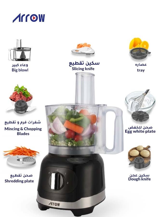 Arrow 8-in-1 Food Processor, 2.4L, 800W | Blender, Chopper, Shredder, Slicer, Dough Maker | Black & Grey Color | Versatile Kitchen Tool for Chopping, Slicing, and Kneading | Model Name: RO-07FPD - Image 2